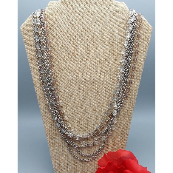 LOFT Jewelry - LOFT Multi Strand Beaded & Chain Necklace Silver Tone 26"